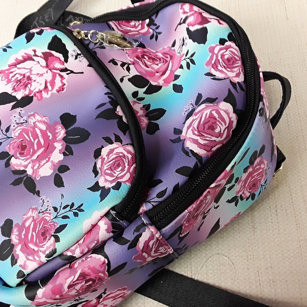 Betsey Johnson Pink Black Floral Rose Backpack Bag New Tags